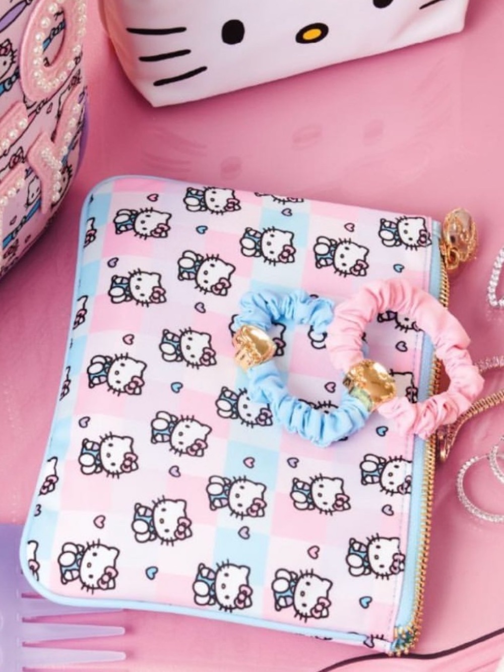 Stoney Clover Lane x Hello Kitty Pastel Checkerboard Mini Flat Pouch NIB